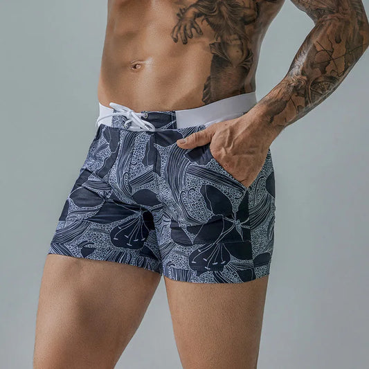 Men’s Printed Quarter-Tie Boxer Swim Shorts