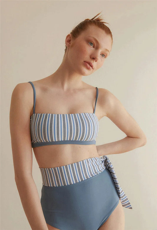 Split High Waist Striped Swimsuit