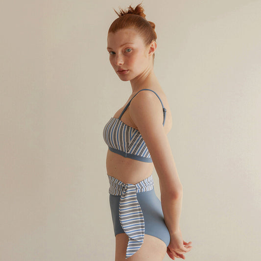 Split High Waist Contrast Color Striped Swimsuit