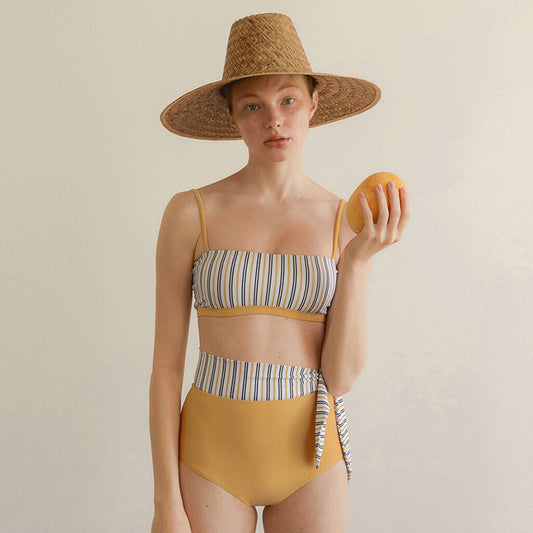 Split High Waist Contrast Color Striped Swimsuit