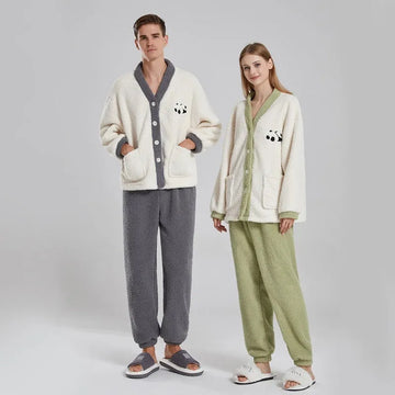 Couple Pajamas Set – Winter Coral Fleece with Panda Design